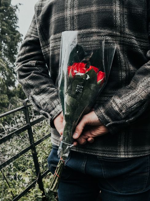 A person wearing a checkered grey and black jacket is holding a bouquet of fresh red roses wrapped in clear cellophane. The bouquet features vibrant, fully bloomed roses with velvety petals and dark g